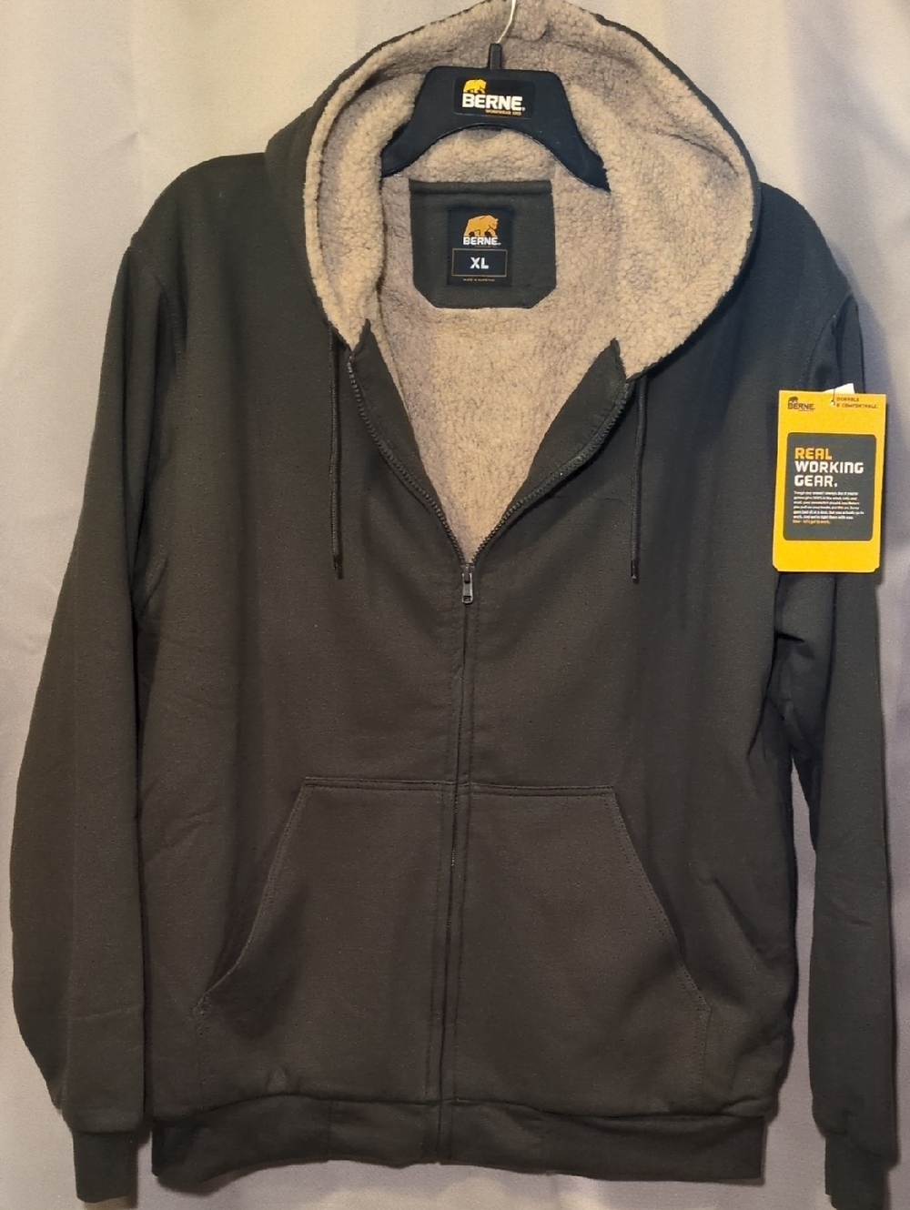 Berne Men's Olive Full-Zip Sherpa-Lined Hoodie